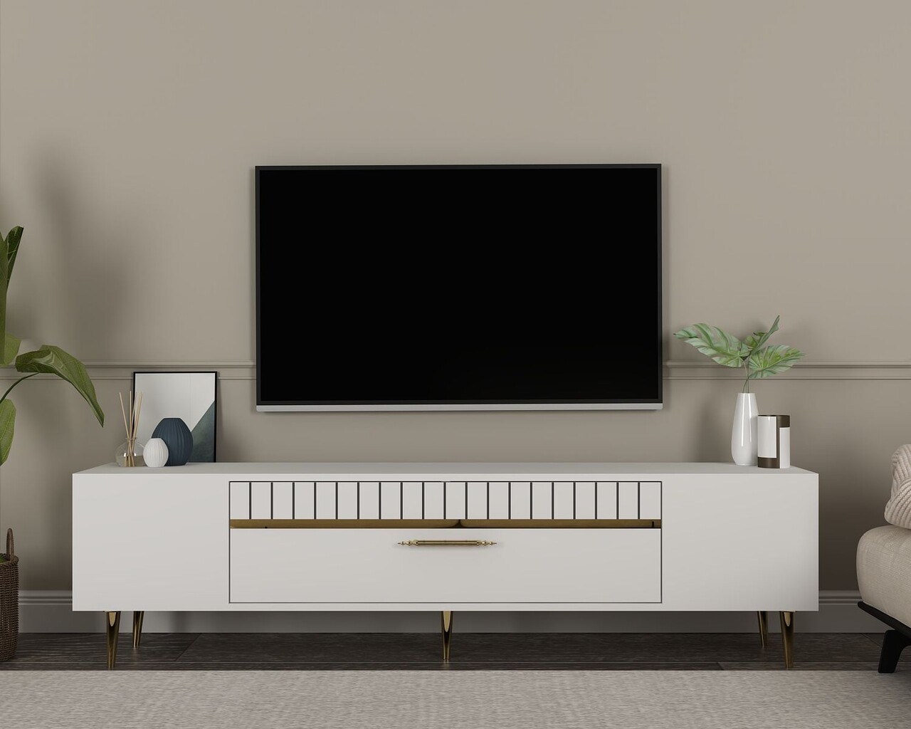 Comoda TV, Hanah Home, Dekolp1, 150x48x29.6 cm, Alb/Auriu - imagine 7